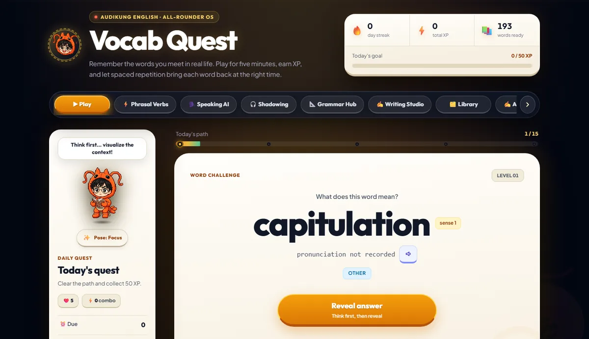 หน้าแรกของ Vocab Quest การ์ดทายความหมายคำศัพท์ พร้อมแถบโหมดฝึก Phrasal Verbs, Speaking AI, Shadowing, Grammar Hub และ Writing Studio