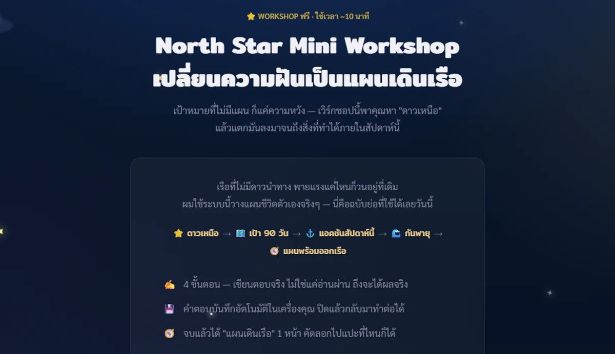 หน้าแรกของ North Star Mini Workshop เปลี่ยนความฝันเป็นแผนเดินเรือ 4 ขั้น ดาวเหนือ เป้า 90 วัน แอคชันสัปดาห์นี้ และกันพายุ
