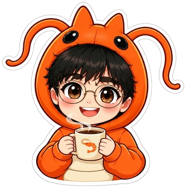 สติกเกอร์กุ้งกี้ถือแก้วกาแฟร้อน
