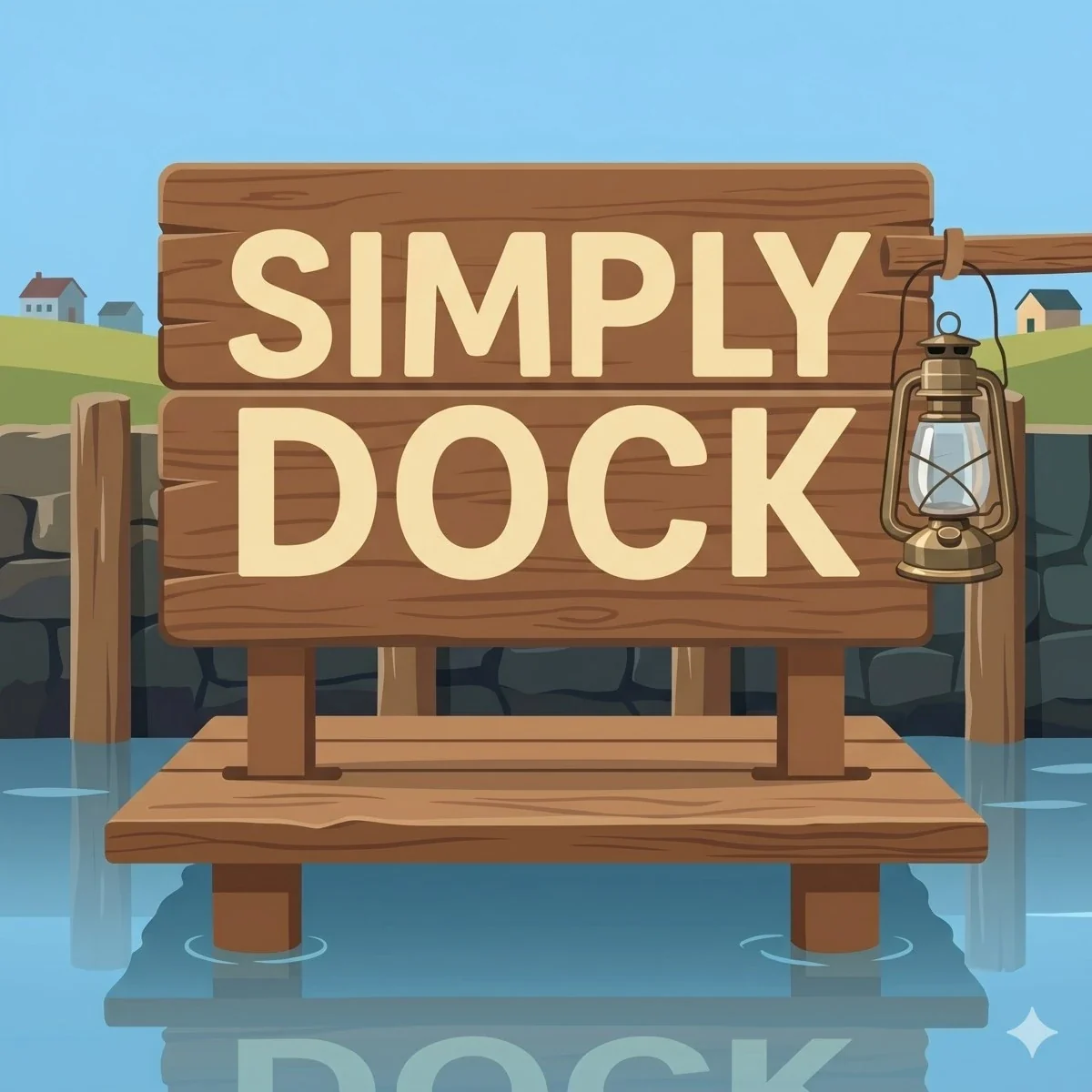 ป้ายไม้ Simply Dock พร้อมตะเกียงริมท่าเรือ